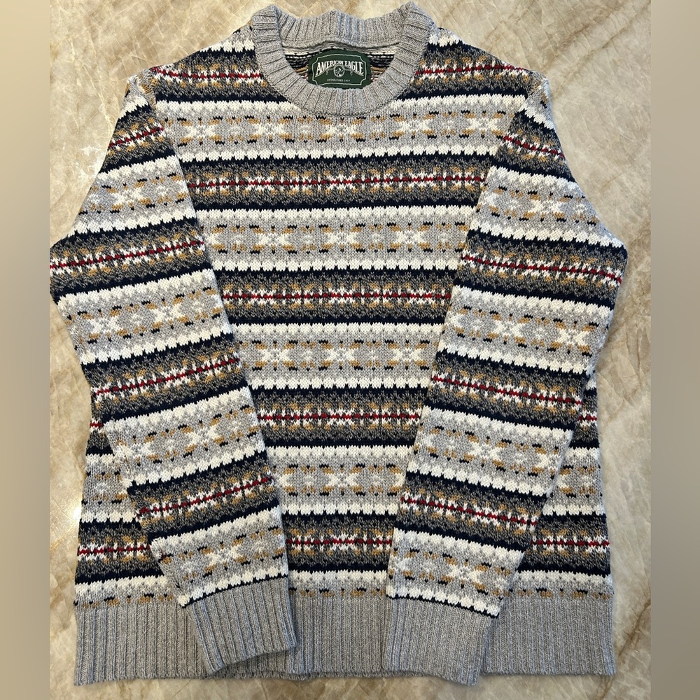 Vintage American Eagle Sweater Light Grey Multi-Color Cotton Blend Size L EUC